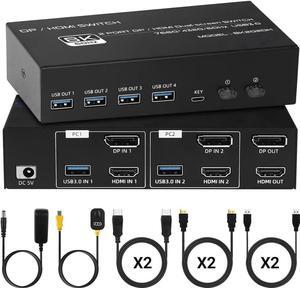 4K 120Hz HDMI + Displayport KVM Switch 2 PC 2 Monitor, 8K@60Hz DP 1.4 + HDMI 2.1 Dual Monitor USB 3.0 KVM Switch, Support Extended & Copy Mode, with Desktop Controller and 2 HDMI+DP+USB Cables