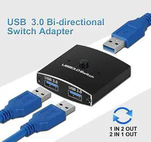 USB 3.0 Switch Selector, USB Switcher 2 in 1 Out Bi-Directional USB Sharing Switch for PC, Printer, Scanner, Keyboard, 2 Computers Share 1 USB Devices, Package Includes Two 3.3FT Data Cables