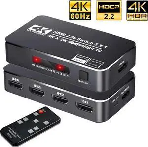 4K HDR HDMI Switch,HDMI Switcher 5x1 5 in 1 Out Ports 4K 60Hz HDMI 2.0 Switcher Selector with IR Remote, Supports Ultra HD Dolby Vision, High Speed (Max to 18.5Gbps), HDR10, HDCP 2.2 & 3D