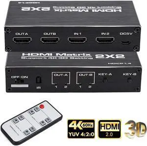 HDMI Matrix Switch 2x2,4K@60Hz HDMI Switch Adapter 2 in 2 Out with IR Remote Control, Support HDMI 2.0b, HDCP2.2, HDR10, Ultra HD, 3D