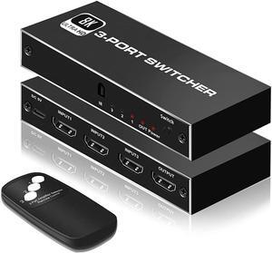 8K HDMI 2.1 Switch, 3X1 HDMI Switch with IR Remote Control, 4K @120hz HDMI Switcher Box 8K@60Hz/4K@30Hz, 48Gbps, Support for Nintendo Switch PS4/PS5, Xbox 360/One Fire tv Stick