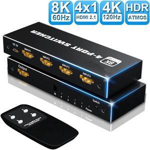 8K HDMI Switch 4 in 1 Out HDMI Splitter - 8K@60Hz/4K@120Hz HDMI Switcher 5 Port with IR Remote for Xbox PS4 PC TV