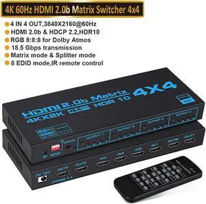 HDMI Matrix Switch 4x4,4K HDMI Matrix Switcher Splitter 4 in 4 Out Box with EDID Extractor and IR Remote Control Support 4K HDR, HDMI 2.0b, HDCP 2.2, 4K@60Hz, 3D, YUV 4:4:4