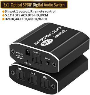 3 Port Digital SPDIF Optical Audio Switcher Splitter with Remote Control, 3 in 1 out Spdif Toslink Optical Digital Audio Switch Splitter 3x1 SPDIF Optical Cable Splitter Hub Support DTS AC3