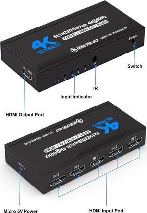 HDMI Switch with Remote 5 Port 4K 60Hz, 5 in 1 Out HDMI Switcher Hub Selector Box Supports Ultra HD Dolby Vision, High Speed (Max to 18.5Gbps), HDR10, HDMI 2.0 HDCP 2.2 & 3D