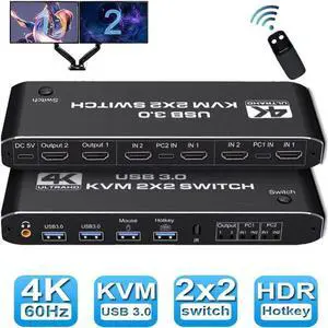 Dual Monitor HDMI USB 3.0 KVM Switch, 2x2 USB3.0 HDMI KVM Switch, 2 in 2 Out 4K @60Hz HDMI KVM Switcher 2x2 Mixed Display 2 Monitors 2 Computer for PC laptop
