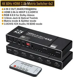 HDMI Matrix 4x2,4K@60Hz HDMI Matrix Switch 4 in 2 Out with EDID Extractor and IR Remote Control, Support HDMI 2.0b, HDCP2.2, HDR10, Ultra HD, 3D