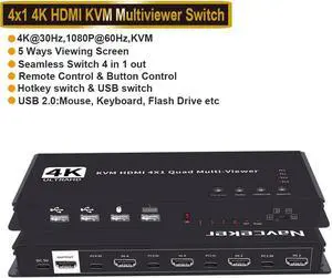 4K HDMI KVM Switch 4x1 Quad Multi Viewer 4 in 1 Out KVM HDMI Processor Screen Multiviewer Seamless for 4 PC Share Mouse Keyboard