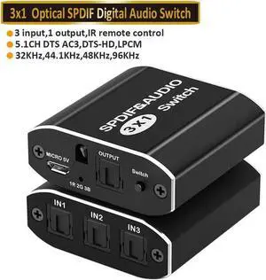 3 Port Digital SPDIF Optical Audio Switcher Splitter with Remote Control, 3 in 1 out Spdif Toslink Optical Digital Audio Switch Splitter 3x1 SPDIF Optical Cable Splitter Hub Support DTS AC3