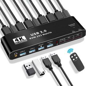 2X2 HDMI Matrix KVM Switch, UHD 4K@60Hz, 2 USB 3.0 Hub, One Key Button Switch,Audio Compatible with Most Keyboards and Mouse, 2 Computers Share 2 Monitor