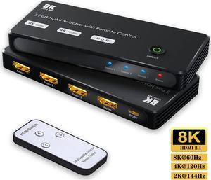 HDMI 2.1 Switch, 8K UHD 3 in 1 Out HDMI Switcher with IR Remote, Support 48Gbps 8K@60Hz 4K@120Hz Dynamic HDR HDCP2.3 Selector Hub Compatible with Roku, PS5, Xbox X, Apple TV, Blu-ray Player