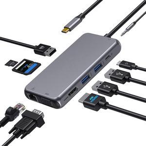 USB C Hub Type C Multiport Adapter for MacBook Pro/Air,10 in 1 Mac Dongle with HDMI, Ethernet, VGA, PD Port, 3 USB 3.0, SD/TF Card Reader and Mic/Audio for Windows Type C Laptops