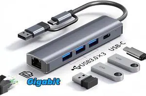 USB to Ethernet Adapter, USB C Hub with RJ45 Gigabit Ethernet, 5Gbps USB-C and 3 USB3.0 Ports, Aluminum USB Type C to LAN Network Adapter Splitter for Laptop and PC