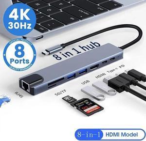 8 in 1 USB C Hub Adapter with 4K HDMI, 100W PD, USB C Port, USB3.0, USB2.0, Ethernet, SD/TF Card Reader, Docking Station Compatible with MacBook Pro/Air USB C Laptops and Other Type C Devices