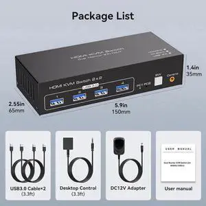 Dual Monitor HDMI KVM Switch, 2 Port HDMI 4K@60Hz KVM Switcher for 2 Computers 2 Monitors with 4 USB 3.0 Ports Support Copy and Extended Display and Desktop Control Including 2 USB 3.0 Cable