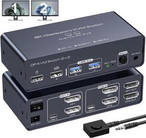 2 Port Dual Monitor DisplayPort KVM Switch 2 in 2 Out, 8K60Hz 4K120Hz Displayport KVM Switch for 2 Monitors 2 Computers Shared 4 USB Device Support DP1.4 With USB3.0 to USB C Cable - Aluminium