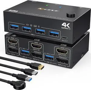 Dual Monitor Displayport HDMI USB 3.0 KVM Switch 2 Computer 2 Monitors, DP HDMI KVM Switcher Supports 4K @60Hz for 2 Computers Share Keyboard, 4 USB 3.0 Ports, Wired Remote and 4 Cables Included