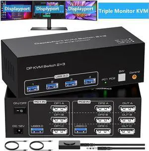 4K@120Hz Displayport KVM Switch 3 Monitors 2 Computers 8K@60Hz DP KVM Switches Triple Monitor Dual DP Port for 2 PC/Laptops Share 4 USB 3.0 Ports Support Extended & Duplicate Display Mode