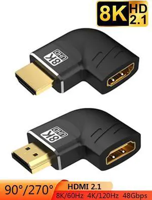 8K HDMI2.1 Adapter Male to Female,2 Pack Flat 90 Degree and 270 Degree Upward Angle Converter, HDMI Right Angle Extender Support 8K@60Hz / 3D&4K HDMI Extender