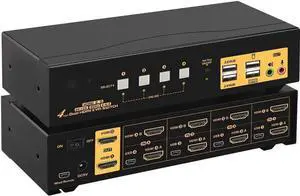 4 Port KVM Switch Dual Monitor HDMI 4K 60Hz, HDMI KVM Switch for 4 Computers 2 Monitors with USB 2.0 HUB and Cables