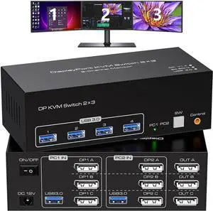 8K Displayport KVM Switch 3 Monitors 2 Computers 4K 120Hz Triple Monitor DP KVM Switches for 2 PC Share 4 USB 3.0 Ports Support Extended & Copy Display Mode Wired Controller & 12V Adapter Included