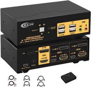 4Kx2K @60Hz 2 Port HDMI + Displayport Dual Monitor KVM Switch with Audio, HDMI DP KVM Switch with USB 2.0 Hub and Cables Support HDMI 2.0, HDCP 2.2, HDR 10