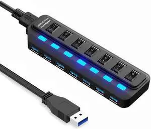USB 3.0 Hub Splitter 7Port USB Ultra Slim Data Hub USB Expander Computer Accessories with Individual Power Switch LED