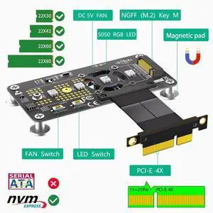 M.2 nvme SSD to PCIE X4 Extension Cable With fan extension cable 0.05M