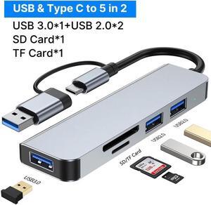 Aluminum 5 in 2 USB C Splitter USB HUB with SD/TF Card Reader USB 3.0,USB 2.0 for MacBook Laptops Desktops
