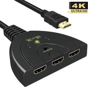 3-Port HDMI Switch, 3 Port 4K HDMI Switch 3x1 Switch Splitter with Pigtail Cable Supports Full HD 4K 1080P 3D Player HD Audio for HDTV, Projector, Computer,Monitors