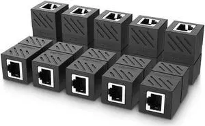 10-PACK RJ45 Connector Female to Female Cat7/6/5e Ethernet Adapter 8P8C Network Extender Extension Cable for Ethernet Cable-Black
