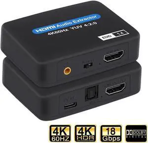 4K@60Hz HDMI Audio Extractor, HDMI to HDMI + Optical Toslink SPDIF + 3.5mm Audio Jack Out Splitter Converter Adapter for PS5 Soundbar Blu-Ray