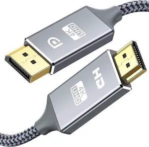 10ft/3M DisplayPort to HDMI Cable, [4K UHD] Uni-Directional Nylon Braided Gold-Plated DP to HDMI Cord Display Port to HDMI Male Connector -10 Feet