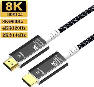 8K HDMI 2.1 Fiber Optic Braided Nylon Cable Ultra high Speed 48gbps 4K 120Hz 8K 60Hz Thin Slim Flexible - 16FT (Black+White)