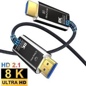 50FT Fiber Optic HDMI Cable Braided Nylon, 8K HDMI 2.1 High Speed 48Gbps 8K@60Hz 4K@120Hz Dynamic HDR 10+, eARC, HDCP2.3, 4:4:4 Audio Cable for in-Wall Installation- (Black+White)