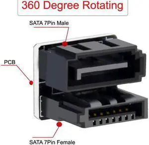 Aomoproing Single SATA 7Pin Female to 7Pin Male 360 Degree Angled Adapter for Desktops SSD HDD Mainboard Motherboard
