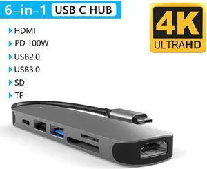 USB C Hub 6-In-1 Type C Hub with 4K USB C to HDMI, USB 3.0Ports, USB 2.0 Port, SD/TF Card Reader, USB-C Power Delivery, Portable for Mac Pro and Other Type C Laptops