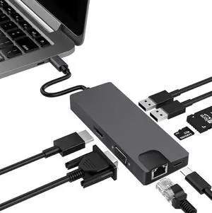 8 in 1 USB HUB Type-C to RJ45 Lan HDMI VGA Adapter Aluminum Slloy USB 3.0 HUB Card Reader Converter Cable for Macbook MateBook