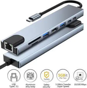 USB C Hub, 8-in-1 Type C Multiport Hub Adapter with RJ45 Ethernet, 4K HDMI, USB-C PD Charging Port,Type-C Data Port, USB3.0/USB2.0, SD/TF Cards Reader USB C Dock for MacBook/Pro/Air and More