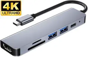 USB C Hub, 6-in-1 USB Type C Hub Adapter with 4K HDMI-Compatible Port ,2 USB 3.0 Ports, SD&Micro SD Card, PD Charging Lightweight Portable Aluminum Hub for Macbook/Pro and Other Type C Laptops
