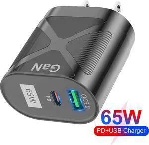 USB C Charger 65W Portable Charger USB Type-C Charger Compact GaN Fast Charger USB C Fast Charging Block for MacBook Pro/Air, iPad Pro, iPhone 14 Pro, Galaxy Tab S8, S23, Dell XPS 13- Black