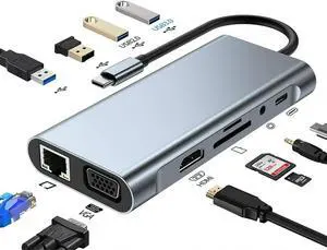 USB Splitter HUB, 11 in 1 Multiport USB C Adapter with 4K HDMI, VGA, RJ45, USB 3.0, 3*USB 2.0 Ports, 100W USB-C PD, 3.5mm Ports, Compatible for MacBook, Pad Pro, Laptop and More Devices