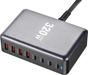 GaN Tech 320W Fast Charger 8-Port USB A/C Charger QC3.1 PD3.1 Quick Charge for MacBook Pro/Air, XPS,iPhone 16 15 Pro Cell Phone Charger Desk Charger Adapter