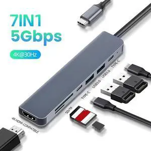 USB C Hub for Laptop 7 in 1 USB C Dongle 4K HDMI, 100W PD Charging, USB-C & 2*USB-3.0 5Gbps Data Ports, SD/TF Card Reader for MacBook Pro/Air, iPad Pro, and Other Type C Laptops