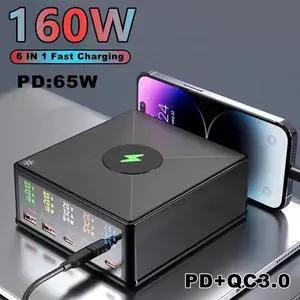 160W 5 Port GaN Charging Station for Multiple Devices, Desk Charger Block 5 USB Ports, 15W Wireless Charging, Charger Tower for iPhone iPad Tablets Smartphones, Home Office Use