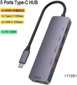 USB C Docking Station, 5-in-1 OTG USB C 3.2 Hub Multiport Adapter Dongle with 2*USB A 3.2 Ports, USB 3.2 Gen 2, 4K@60Hz HDMI, 140W Power Delivery, Compatible with Laptop/Tablet/Smart Phone