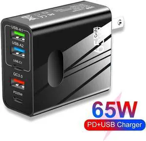 USB C Charger 65W 5-Port Portable Charger USB Type-C Charger Compact GaN Fast Charger USB C Fast Charging Block for MacBook Pro/Air, iPad Pro, iPhone 14 Pro, Galaxy Tab S8, S23, Dell XPS 13- Black