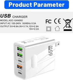 USB C Charger 65W PD 3.0 USB C Wall Charger Portable Adapter with 5-Port iPhone Charger USB C Block Plug Compatible with iPhone 13/13 Pro/12/12 Pro Max/MacBook/iPad Pro/Galaxy - White