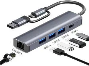 2-in-1 USB-C USB 3.0 to Ethernet Adapter, 4-Port USB Hub with RJ45 10/100/1000 Gigabit Ethernet Adapter for Laptop, Support Windows, Mac OS, Surface Pro, Linux, XPS and More