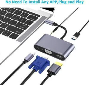 USB C to 4K HDMI VGA Adapter , 5-in-1 Type C Hub with 4K HDMI VGA USB 3.0 Charging Power PD Port 3.5mm Audio Port Compatible for Nintendo Switch/MacBook Pro/iPad Pro/ Samsung Galaxy/Dell XPS